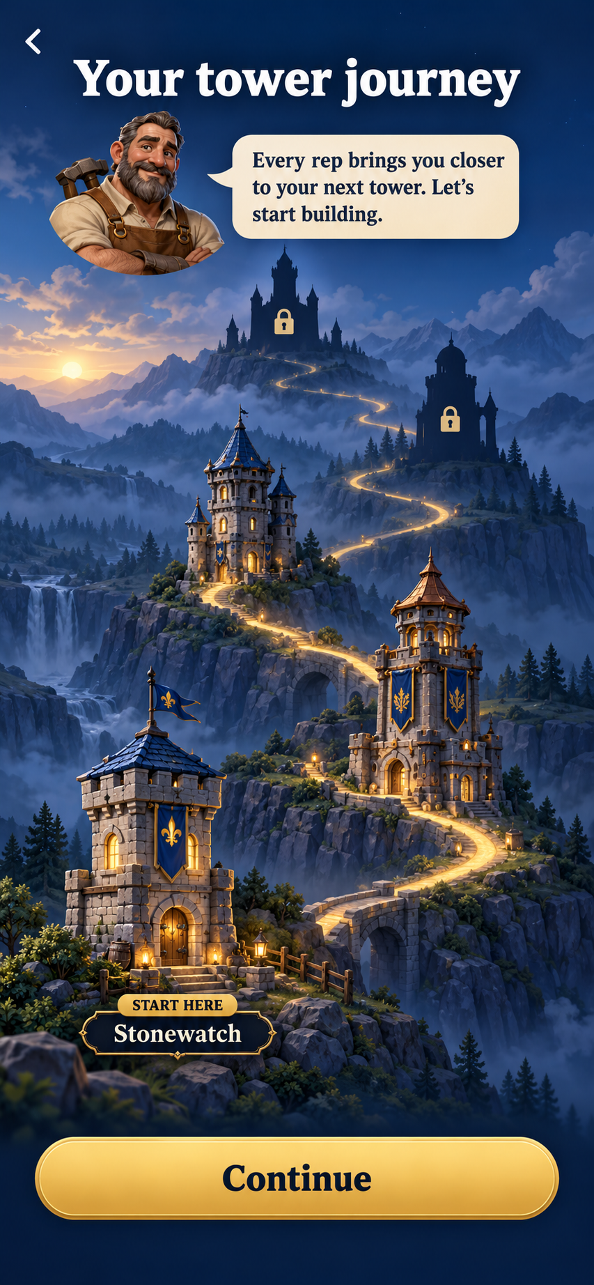 Pushcraft tower journey through a fantasy mountain kingdom